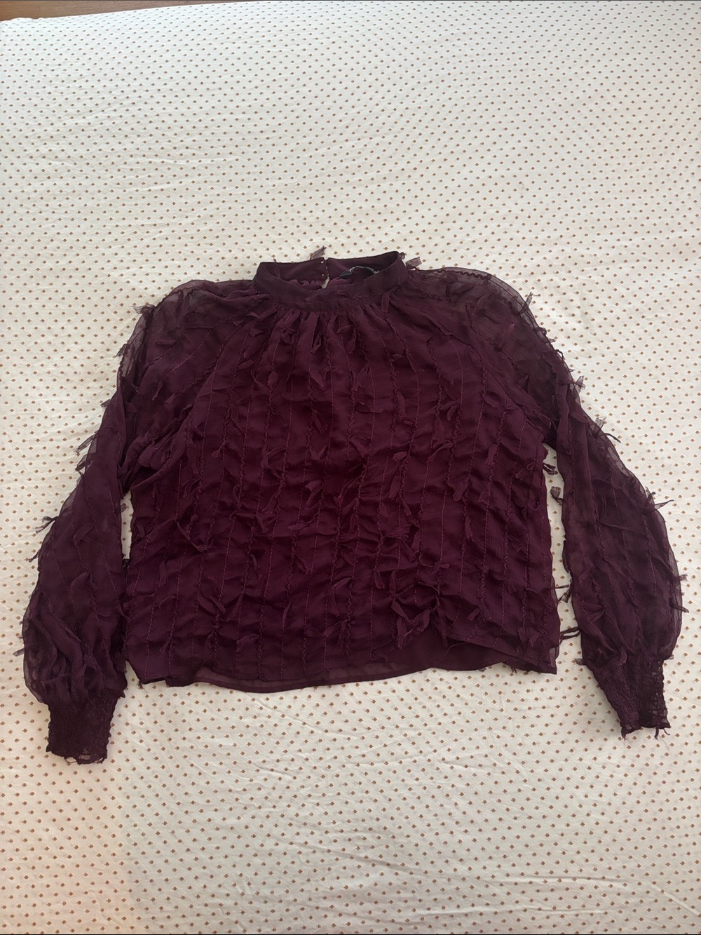 Zara Plum Ruffled Long-Sleeve High-Neck Blouse